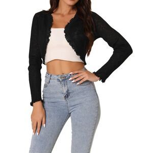 Crop Sweater Cardigan Open Front Lightweight Knit Shrug Black